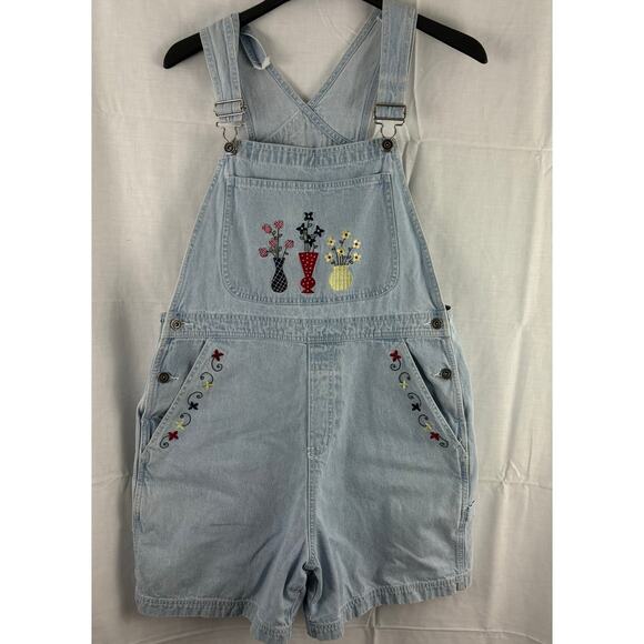 Christopher & Banks Denim Bib Overall Shorts Embroidered Flowers Large - Picture 1 of 7
